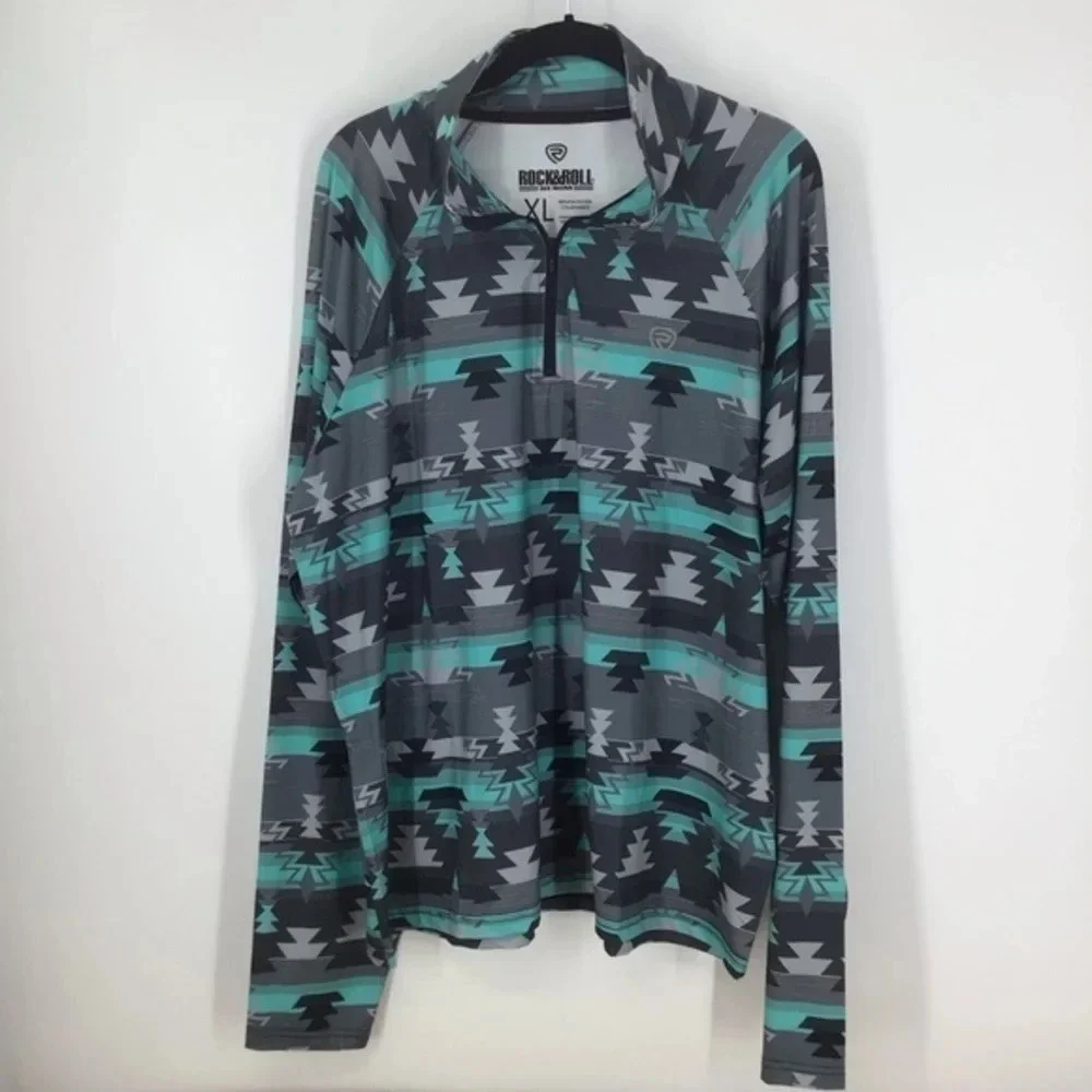 Rock & Roll Denim Men’s Turquoise Aztec Print Performance Quarter Zip - Picture 2 of 7